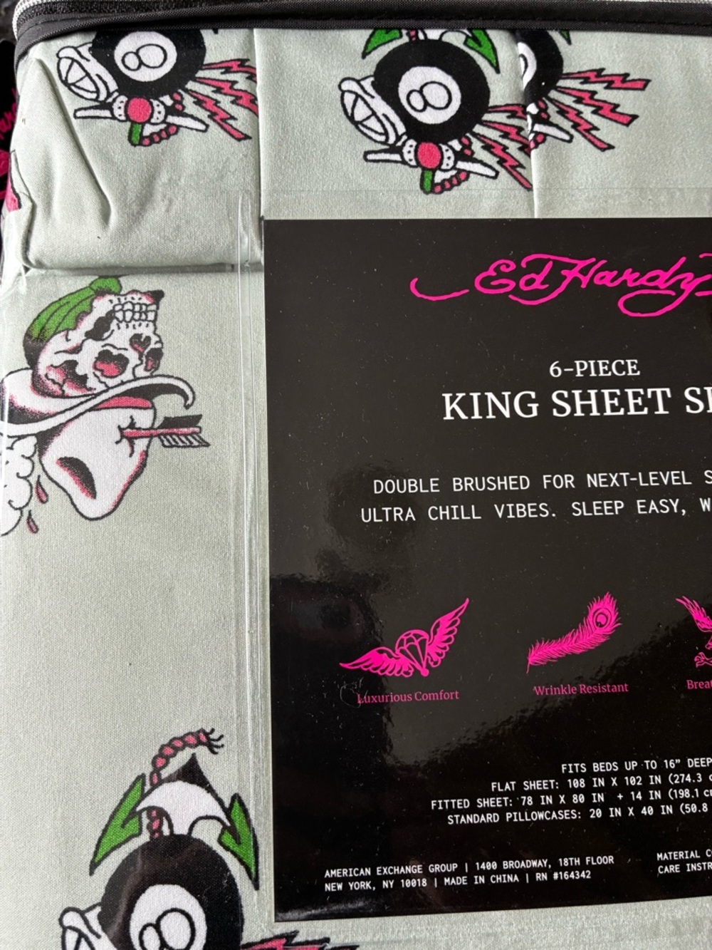 NWT Ed Hardy King 6 Pc Sheet Set Sage Green Tiger Skull Print - Picture 3 of 4